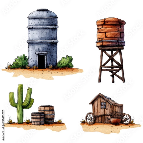 Fototapeta Rustic Water Towers and Desert Landscapes with Cacti and Old Wooden Cart Illustrations