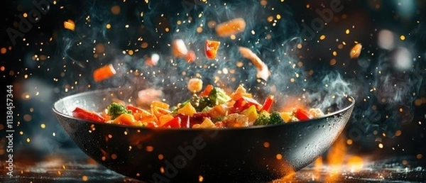 Fototapeta Stir-fried vegetables and meat tossed in a wok with flames and sparks.