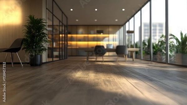Fototapeta Modern spacious office interior with natural light plants and minimalistic design blurred background for workspace concept.