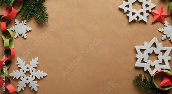 Fototapeta  Textured brown background with Christmas decorations such as white snowflakes, a red star, and a red and green paper garland
