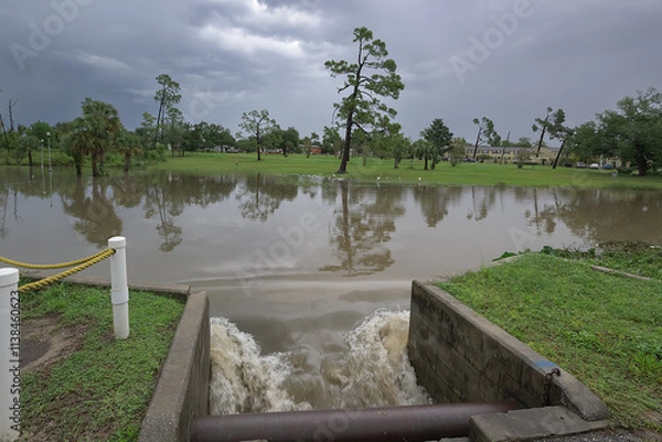 Fototapeta Floodwaters rush through a drain culvert, carrying fresh rainwater to the saltwater bay, creating a dynamic interplay of currents.