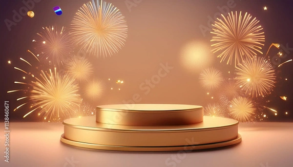Fototapeta Golden podium with glowing lights and festive fireworks display
