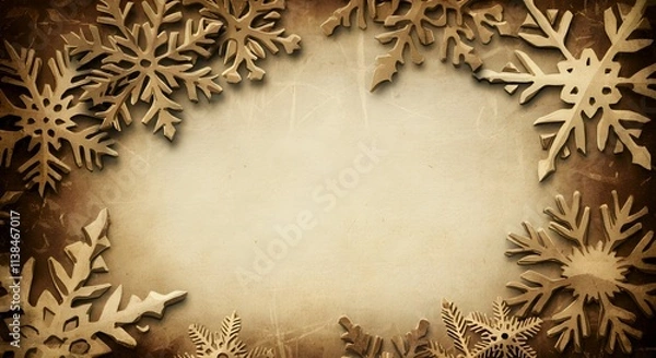 Fototapeta Antique parchment textured background with a golden snowflake frame, ideal for Christmas or winter design