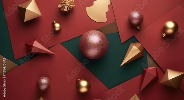 Obraz Modern composition of Christmas ornaments in gold, red and dark green tones on an abstract geometric background