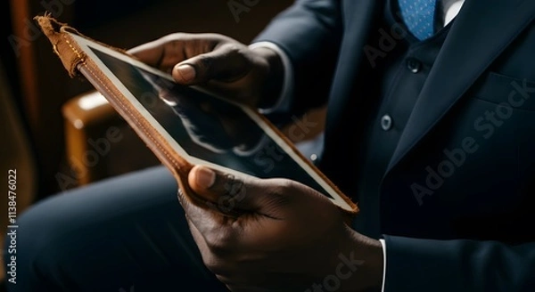 Fototapeta Hands of businessman holding tablet with blank screen