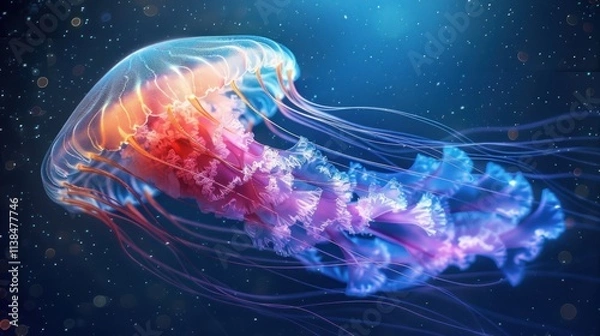 Fototapeta Vibrant jellyfish underwater, glowing, bioluminescent.