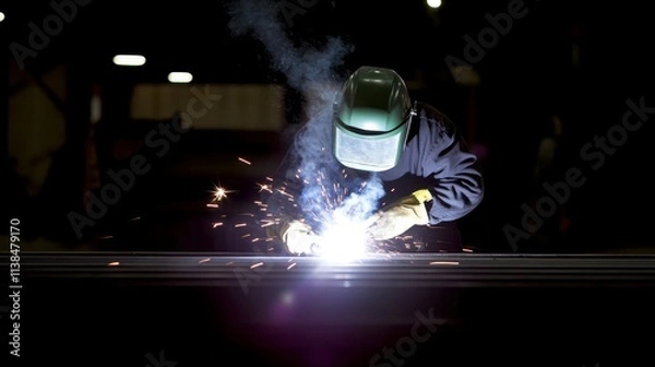 Fototapeta Captivating Nighttime Arc Welding Scene with Sparkles and Strong Focus on the Welder's Skill