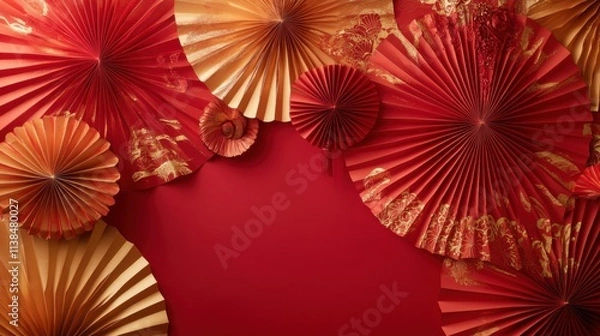 Fototapeta Elegant Chinese New Year Background with Red and Gold Paper Fans