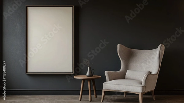 Fototapeta A stylish chair and a mockup are set against a dark wall