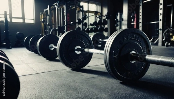 Obraz Dumbbells on the gym floor with fitness equipment and weights