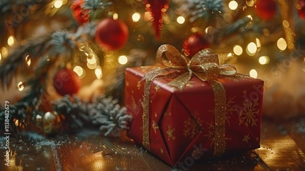 Obraz Red gift under Christmas tree with lights.