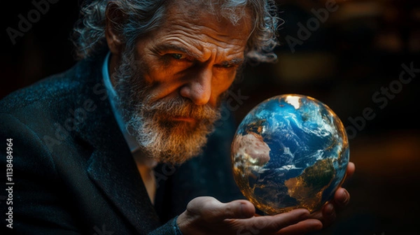 Obraz Earth-draining capitalist hoards wealth, ignorant of the rising tides and melting ice signaling the catastrophic collapse of a world ravaged by his exploitation