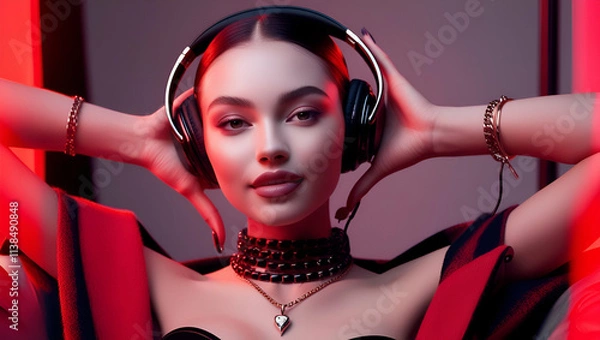 Obraz Fashion pretty woman with headphones listening to music over red neon background at studio, Generative AI
