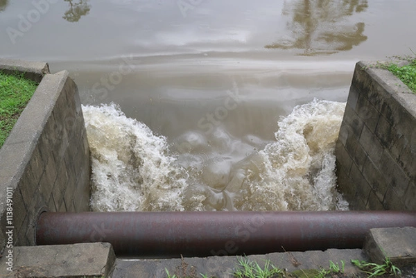 Fototapeta Floodwaters rush through a drain culvert, carrying fresh rainwater to the saltwater bay, creating a dynamic interplay of currents.