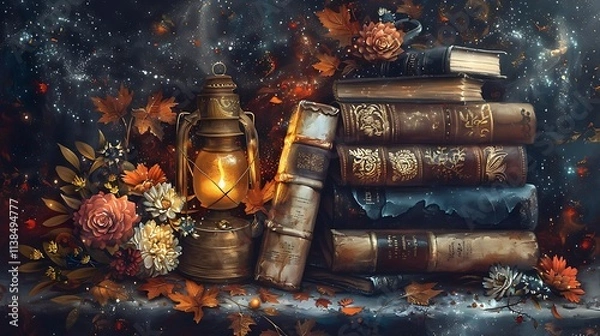 Fototapeta Enchanted Books and Lantern in Autumn Setting