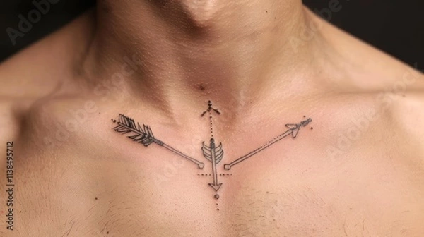 Fototapeta Close-up of a man's chest with a small, minimalist arrow tattoo.