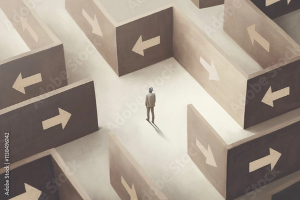 Obraz illustration of man lost in a maze full of arrows, surreal abstract concept