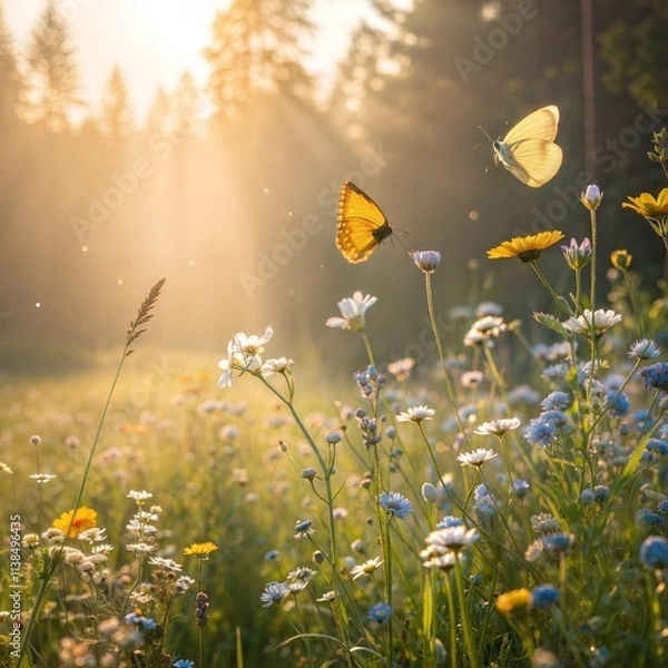 Fototapeta Two butterflies flying in a field of flowers. The butterflies are yellow and white. The field is full of flowers and grass