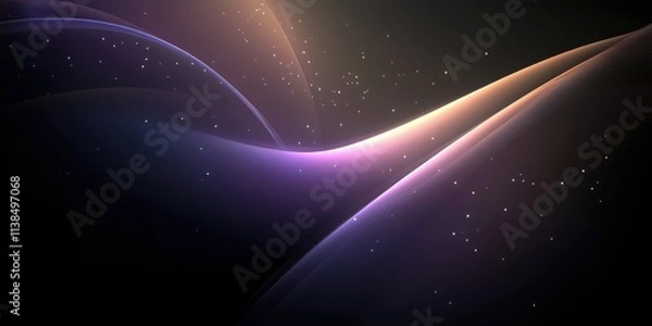 Obraz Smooth flowing purple and gold light waves with tiny glowing particles on a black background.