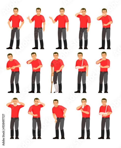 Fototapeta Set of guy with different diseases. Pain abdomen, head or limbs. Worker in overalls. Fun cartoon style. object isolated on white background. Vector Character standing.