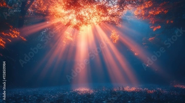 Fototapeta Serene forest scene with sunlight filtering through trees, creating a tranquil atmosphere.