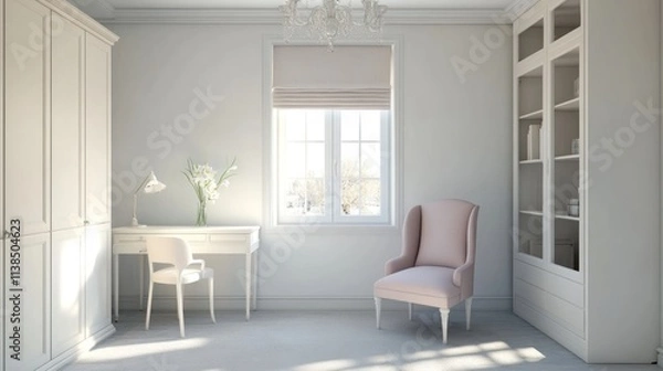 Fototapeta Sunlit minimalist bedroom with built-in storage, desk, chair, and window.