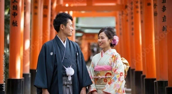 Obraz Traditional japanese couple in kimono at iconic torii gate pathway
