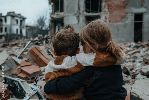 Fototapeta Young siblings in torn sweaters sitting on debris, holding on to each other symbolizing the strength of human connection in times of devastation