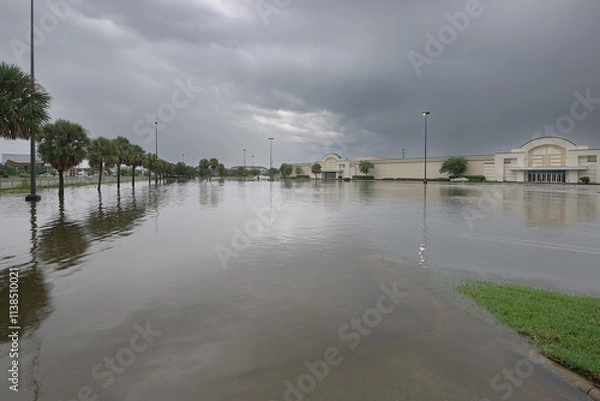 Fototapeta Heavy rains transform a mall parking lot into a flooded landscape, with water pooling across the asphalt.