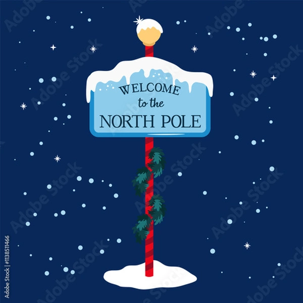 Fototapeta North Pole welcome road sign with snow and icicles. Holiday vector illustration.