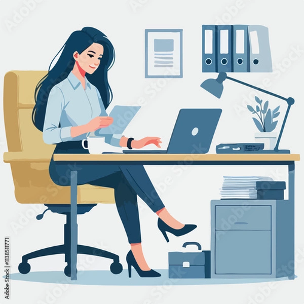 Fototapeta a woman is using his laptop sitting on a chair looking in the laptop  colourful vector on a white background