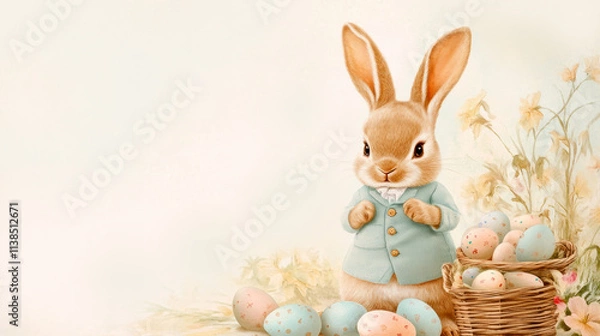 Fototapeta Adorable bunny in pastel outfit with colorful easter eggs and spring flowers