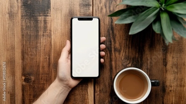 Fototapeta Hand holding smartphone vertically with blank screen vector illustration. Phone with empty screen, phone mockup