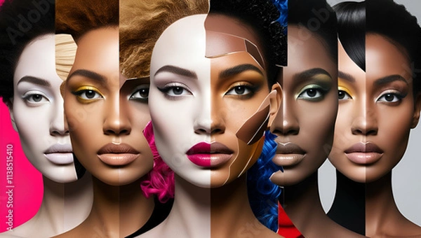 Obraz Young woman's portrait made of different pieces of faces, modern art collage. New vision of beauty and fashion, make up, hairstyle, Generative AI