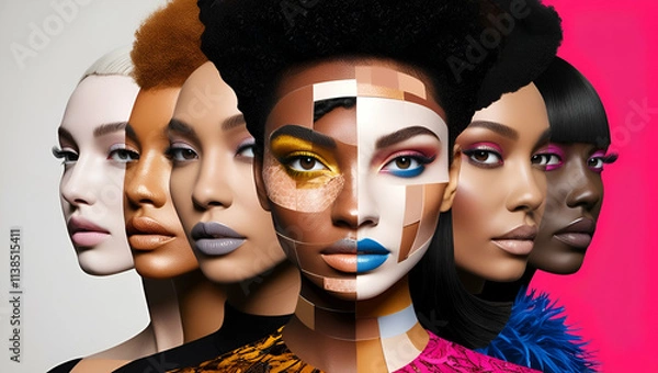 Obraz Young woman's portrait made of different pieces of faces, modern art collage. New vision of beauty and fashion, make up, hairstyle, Generative AI