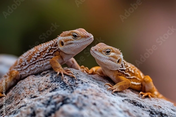 Fototapeta A pair of desert lizards with intricate patterns basking on a sunlit rock, their detailed scales and alert expressions highlighted against a blurred warm-toned background