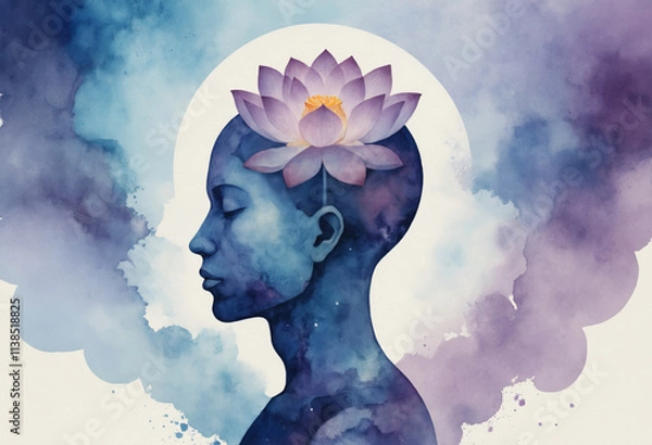 Fototapeta Serene profile of a human head with a lotus flower and vibrant watercolor effects