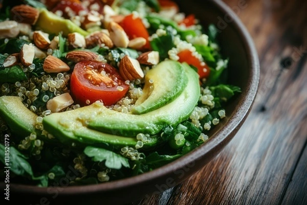 Fototapeta Fresh quinoa salad with avocado, tomatoes, almonds, and spinach on a wooden table.