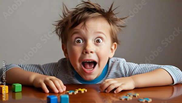 Obraz surprised kid sitting at table. child's eyes widened and mouth opened in amazement, Generative AI