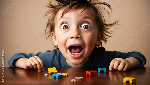 Obraz surprised kid sitting at table. child's eyes widened and mouth opened in amazement, Generative AI