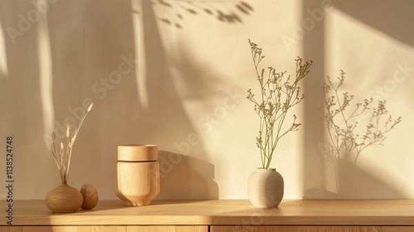 Fototapeta Minimalist wooden shelf with decor and soft shadows