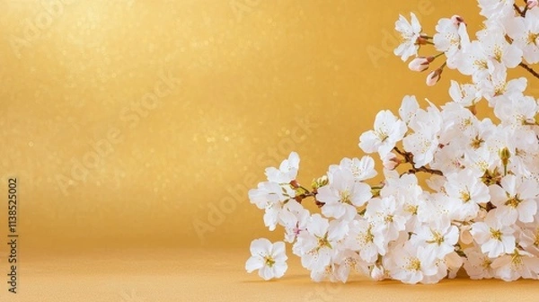 Fototapeta Cherry blossom branches in bloom against a golden background nature photography floral aesthetics minimalist style
