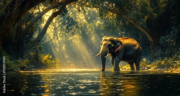 Fototapeta Majestic elephant walking through a serene forest river at sunrise in the wild