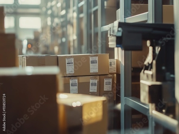 Fototapeta Close-up of stacked cardboard boxes with barcodes being scanned by automated systems in a modern logistics warehouse with natural ligh