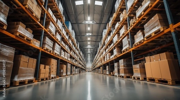 Fototapeta Industrial logistics warehouse with automated systems scanning and sorting eCommerce packages, with natural light streaming through skylights