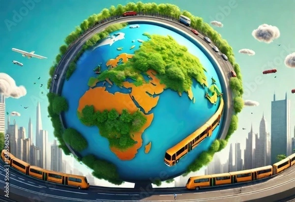 Fototapeta A globe of Earth planet, all the continents are shown with ocean and this big globe is placed in the center of a city route. Illustration of nature in the form of a spherical globe of planet Earth