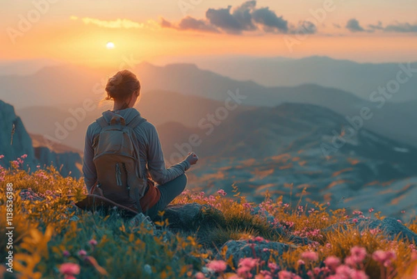 Obraz Journey into serenity: a traveler embraces nature at sunset with blooming wildflowers. Generative AI