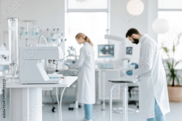 Fototapeta Scientists conduct research in a bright laboratory using modern equipment and maintaining safety protocols. Generative AI