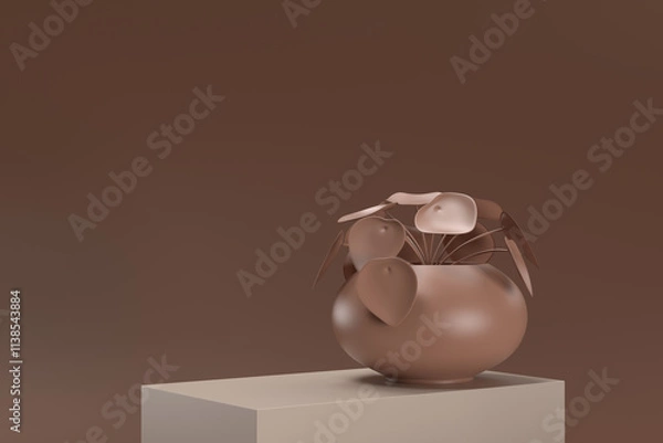 Fototapeta A vase with a plant in it sits on a brown surface