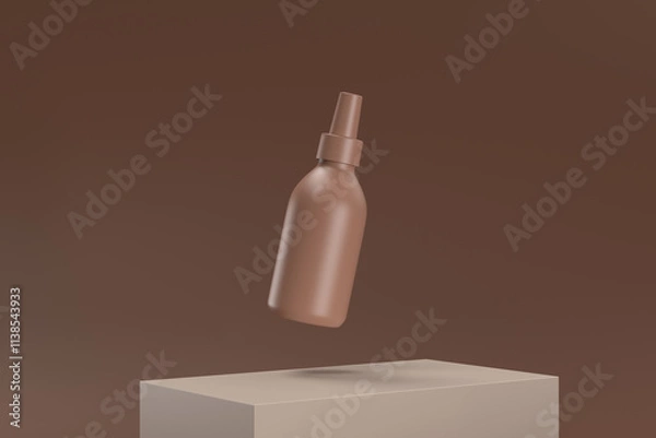 Fototapeta A bottle of perfume is floating in the air above a brown background
